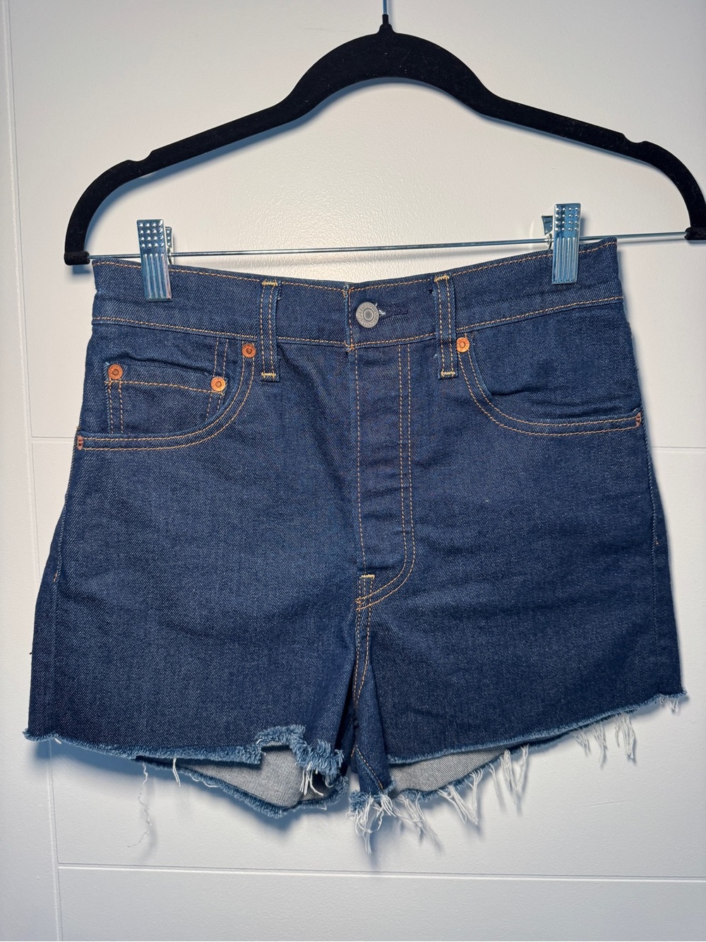 Levi's Dark Blue High-Rise Denim Shorts with Frayed Hem